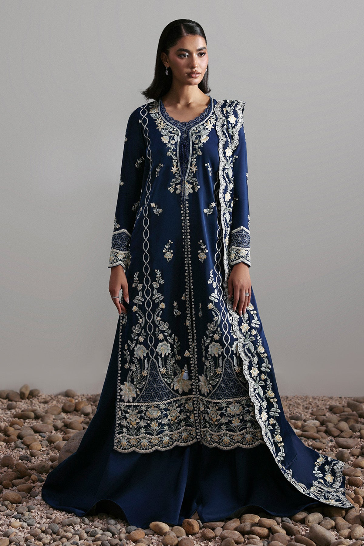 anthropologie embroidered shirt dress Modest Dark Blue Chiffon Evening Dress Embroidered with Flared Chiffon main image 1